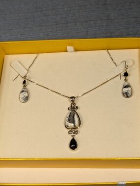 Dendritic Opal and Black Onyx Necklace and Earrings 925 Set